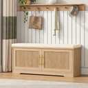 Keehusux 39.4" Fluted Shoe Storage Bench with Seat Cushion, Natural Oak, 39.4"W x 13.8"D x 17.7"H