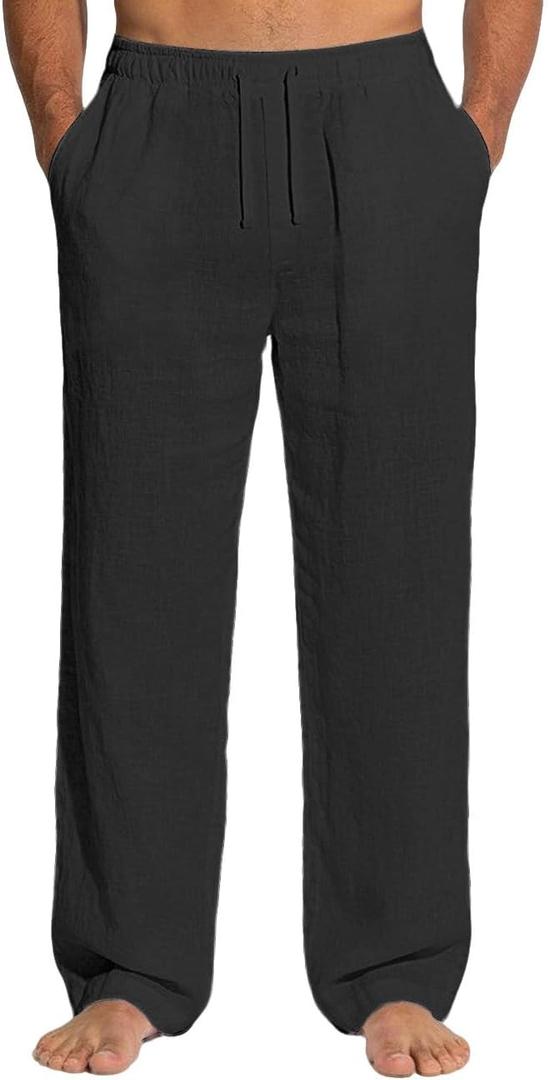 Men's Casual Linen Pants Loose Fit Drawstring Waist Lightweight Men Linen Summer Beach Long Pants Yoga (Black, Small)
