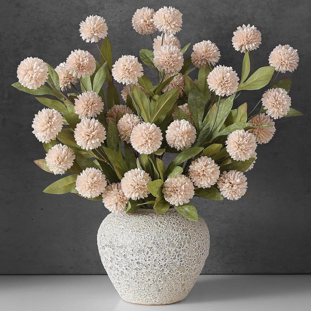 VIERENA 6 Pcs Faux Silk Pompon Mum Artificial Flowers for Vase -27", Bulk Fake Chrysanth Branches with Stems for DIY Bouquet Centerpieces Wedding Fillers Arrangements Shower Decorations (Beige)