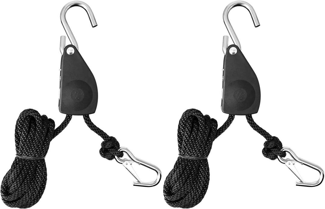 iPower 2-Pack 1/2 Inch 14.7-Feet Long Heavy Duty Adjustable Rope Clip Hanger Ratchet Tie Down (250lbs Weight Capacity) Reinforced Metal Internal Gears, Black