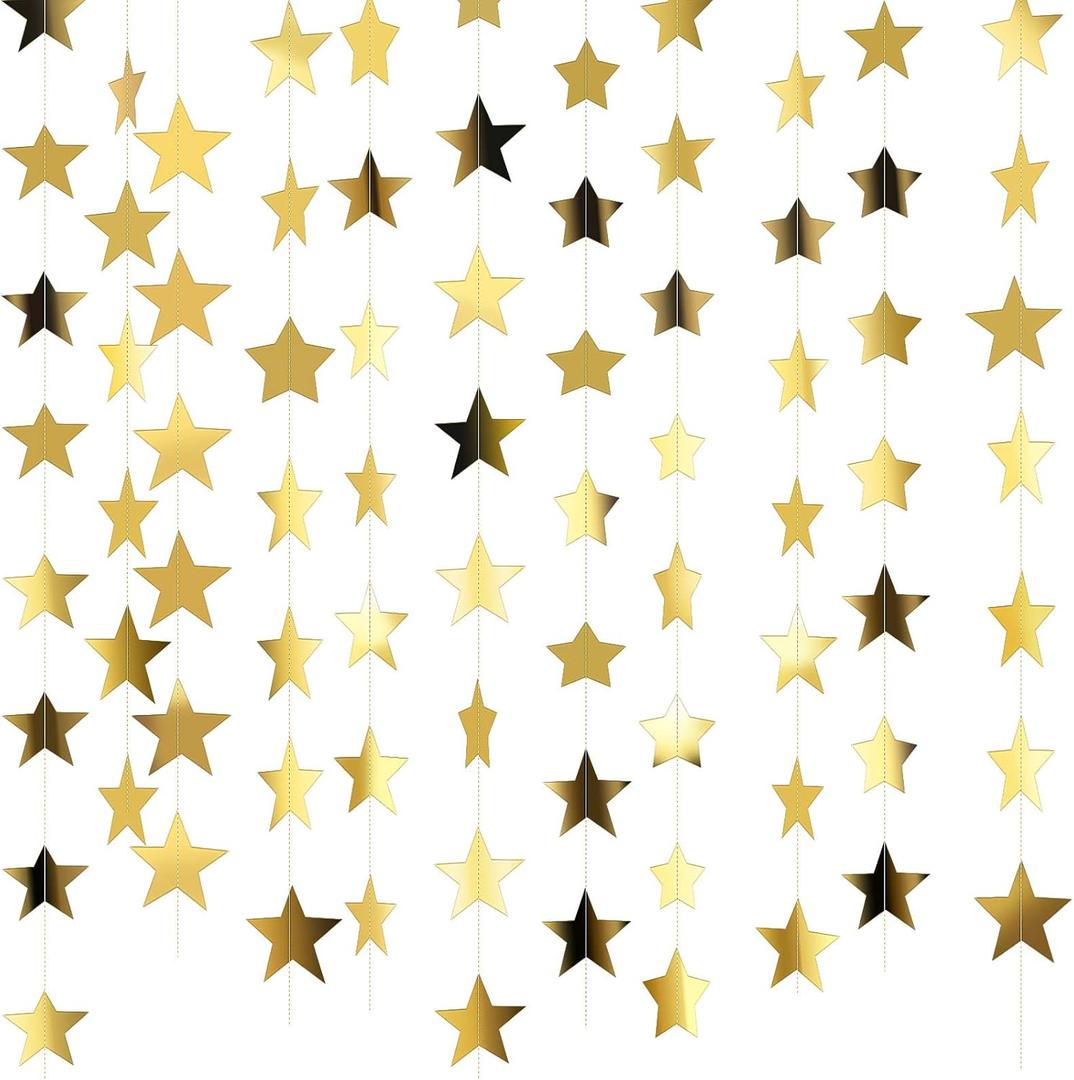 Patelai Glitter Star Garland Banner 2026 New Years Decor 130 Feet Star Hanging Banner Twinkle Backdrop for Birthday Classroom Wedding Christmas Party Supplies (Gold)
