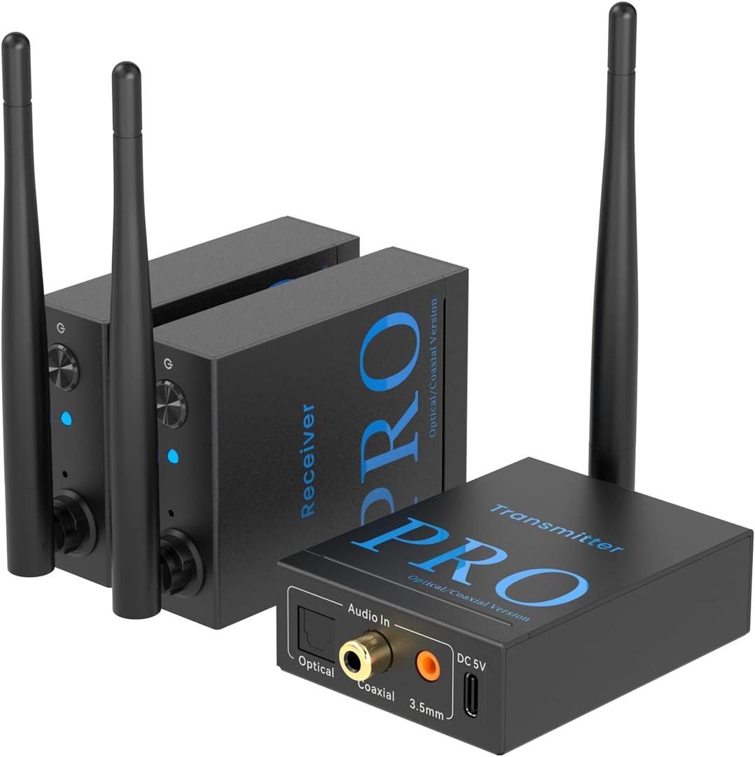 1Mii 3-in-1 2.4Ghz Wireless Audio Transmitter Receiver (1 TX+2 RX) for 2 Subwoofer/Active Speaker/Power Amplifier, 20ms Low Latency, 320ft Range, Optical/Coaxial/3.5mm(RCA) Audio Input/Output