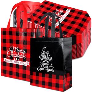 Paterr 24 Pack Christmas Gift Bags 12" Buffalo Plaid Gift Bags with Handles Non Woven Gift Wrap Bags Reusable Christmas Grocery Shopping Totes for Holiday Goodie Candy Xmas Party Birthday