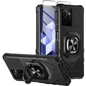 for HMD Vibe Phone Case with Tempered Glass Screen Protector,Military Grade Heavy Duty Shockproof Protective Cover,with Ring Kickstand (HMD Vibe,Black)