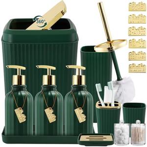 WSBArt 17PCS Bathroom Accessory Set Bathroom Set Hunter Green Bathroom Accessories,Toilet Brush, Trash Can, Qtip Holder Dispenser& 3PCS Soap Dispenser Hunter Green