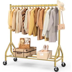 EAGMAK Heavy Duty Clothes Rack Load 420 LBS, Rolling Garment Rack with Lockable Wheels, Standing Metal Clothing Rack, Portable Wardrobe Sturdy Coat Rack for Hanging Clothes (Gold, 47.218.963)