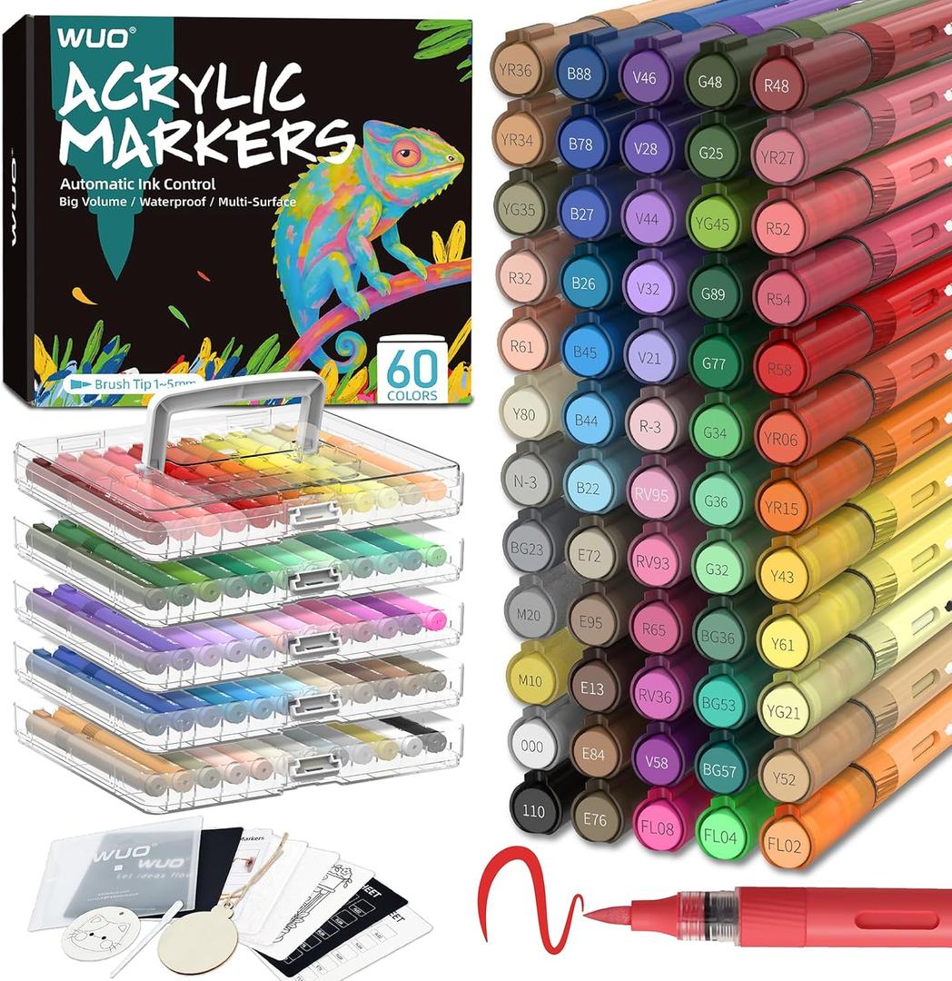 WUO 60 Colors Acrylic Paint Markers, Water-Based No-Bleed Markers, Automatic Ink Control Brush Tip for Multi-Surface, Acrylic Paint Pens for Rock Painting, Wood, Canvas, Glass, DIY Crafts