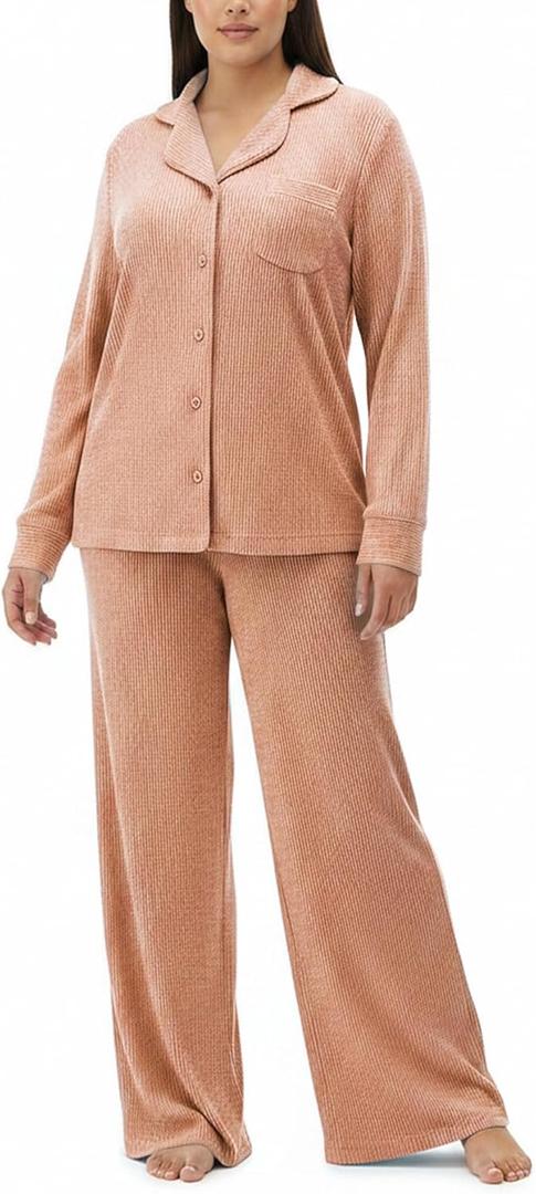 Women's Pajama Sets Long Sleeve Button Down Soft Knit Sleepwear 2 Piece Lounge Set (S)