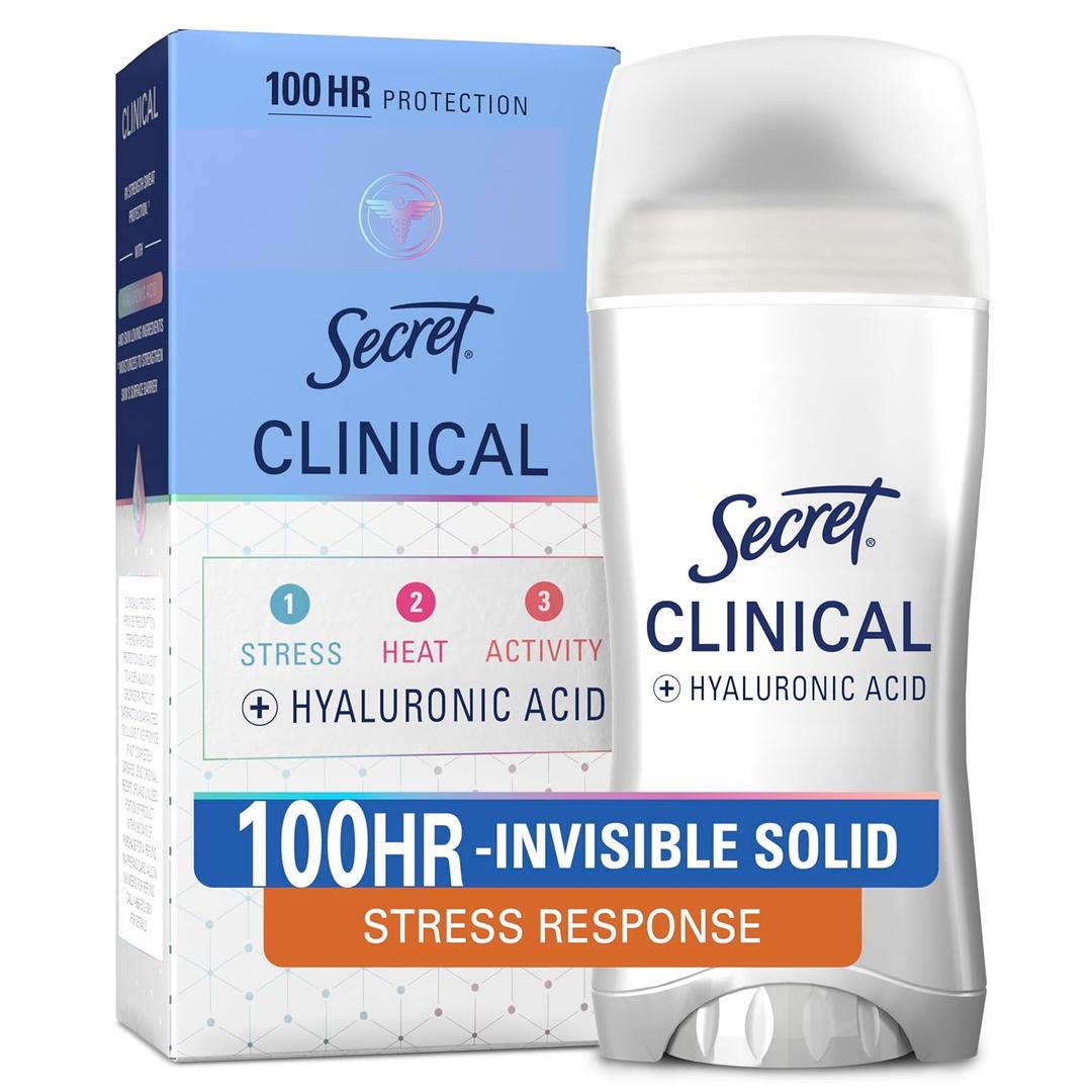 Secret Clinical Strength Antiperspirant Deodorant for Women, 100hr Sweat & Odor Protection, Stress Response, 3X Stress Protection with Hyaluronic Acid, PH Balancing Minerals, Invisible Solid, 2.6 oz