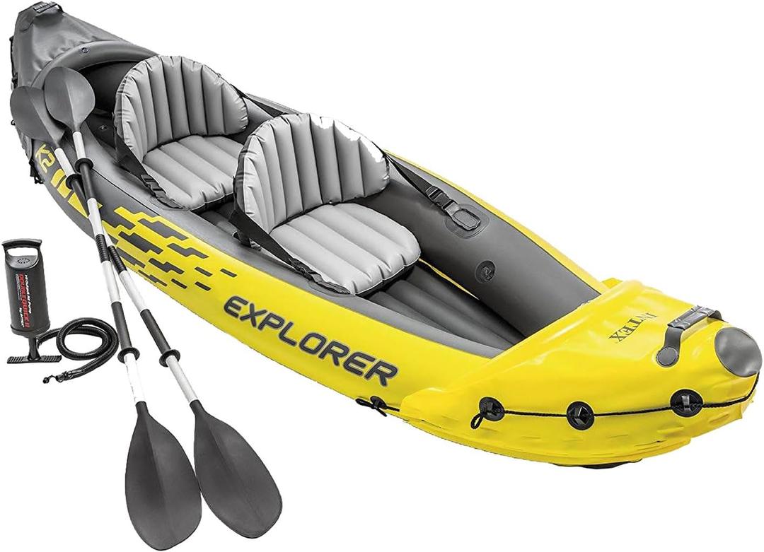 Intex 68307EP Explorer K2 Inflatable Kayak Set: Includes Deluxe 86in Aluminum Oars and High-Output Pump  SuperStrong PVC  Adjustable Seats with Backrest  2-Person  400lb Weight Capacity
