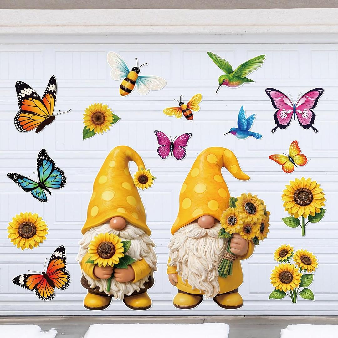 Flutesan 16 Pcs Summer Sunflower Gnome Garage Decoration Magnet Sticker, Large Gnome with Sunflower Magnetic Garage Door Decorations for Summer Party Home Decor
