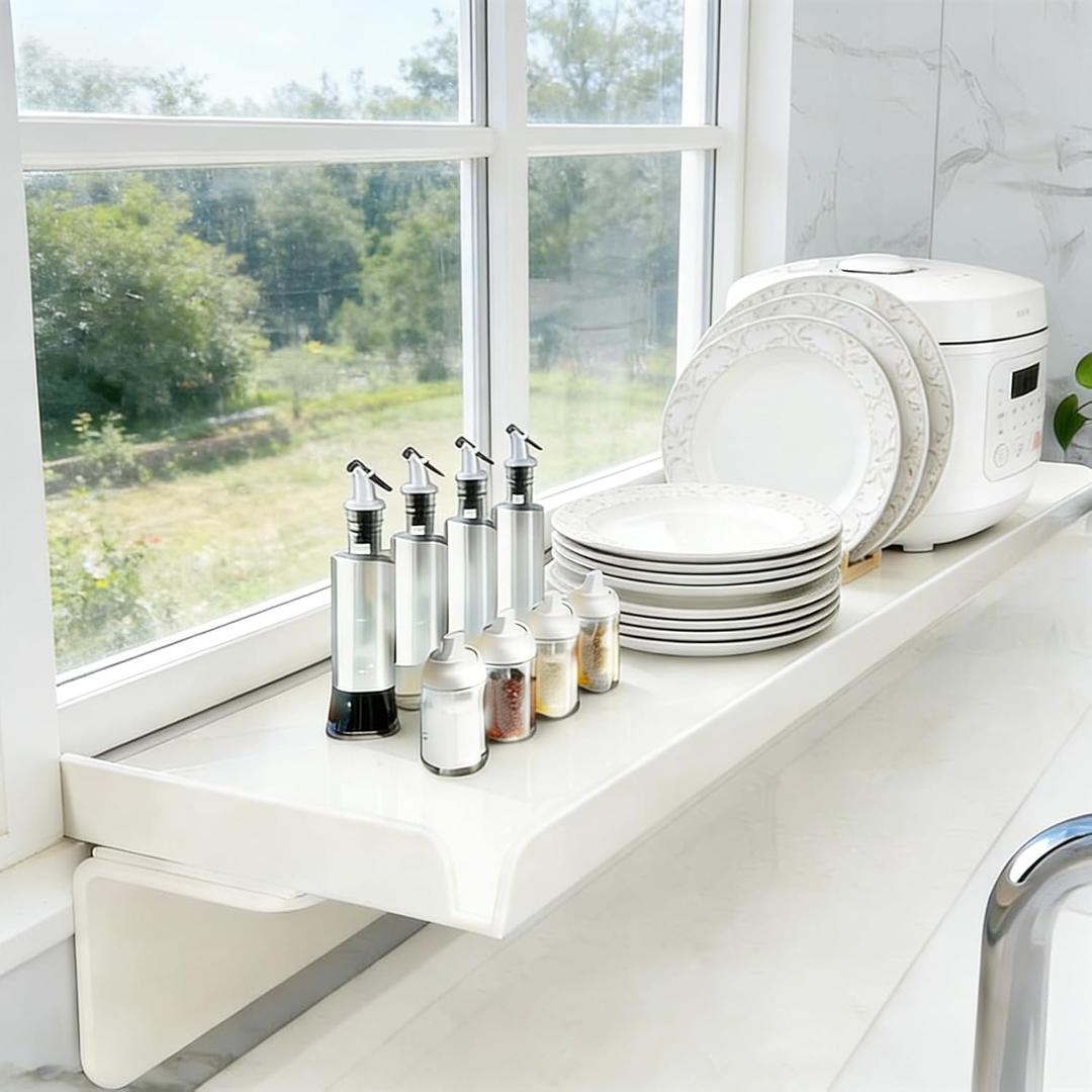 24x10in Window Sill Extender Plate, Carbon Steel Plants Shelf Countertop Extension Board with Magnetic Base for Kitchen Bathroom Organization (Off White, 23.6x9.8in)