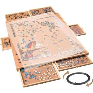 1500 Piece Rotating Wooden Puzzle Board for with 6 Storage Drawers & Protective Cover Jigsaw Puzzle Table - for Adults & Families Home Entertainment & Puzzle Building