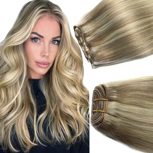 Sew In Real Human Hair Extensions, 18 Inch 100G, Balayage Ash Blonde Highlights, Hand Tied Weft, Sew In Weft Extensions