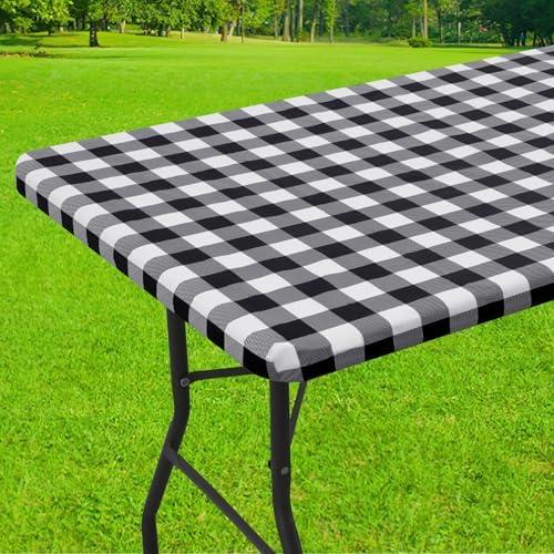 Smiry Rectangle Picnic Table Cloth, Elastic Waterproof Fitted Vinyl Tablecloths, Flannel Backed Buffalo Plaid Table Covers for Dining, Camping, Outdoor (Black and White, 30" x 48")