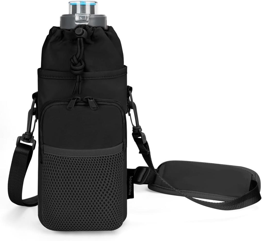 sportsnew Water Bottle Holder with Strap, 32 OZ Water Bottle Carrier Sling Bag with Adjustable Shoulder Strap Insulated Water-Resistant Water Bottle Bag for Walking Hiking, Patent Pending (Black)