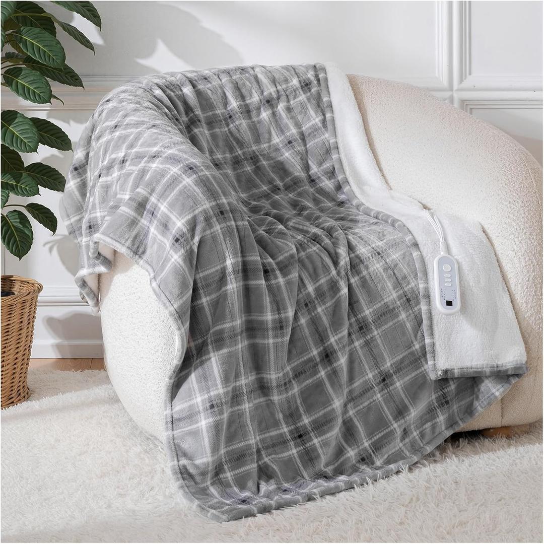 Electric Blanket Heated Throw, 50" x 60" Heated Blanket with 8 Heat Levels & 8 Hours Auto Off, Fast Heating Blankets with ETL & FCC Certification, Grey Plaid