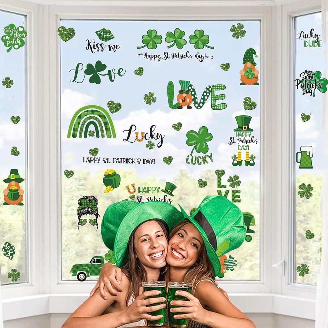 St Patricks Day Window Clings,Living Room St. Patrick's Day Glass Windows/Wall Decor,Green Gnome Shamrock Stickers for Irish Holiday Party Decoration Supplies