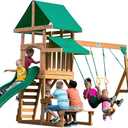 Backyard Discovery Belmont Cedar Wood Swing Set with Wave Slide, Play Deck, Rock Wall Ladder, Snack Bar Window, Shaded Picnic Area, Bench, Belt Swings, Trapeze, Sandbox Area, Canopy, Outdoor Playset (Large, Green)