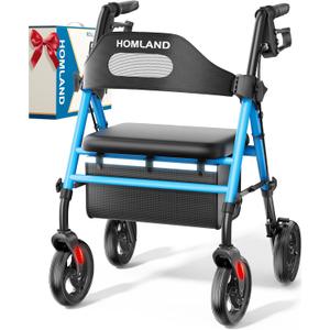 HOMLAND Foldable Rollator Walkers with Seat for Seniors, 8'' Big Wheels, 350 lb. Weight Capacity, Adjustable Handles and Seat Height, Lightweight Rolling Walker, Light Blue