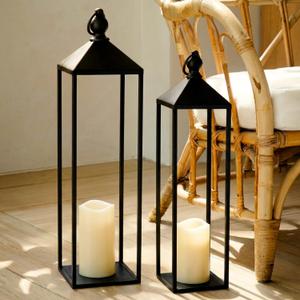 Perfnique Decorative Lanterns for Indoor & Outdoor, Set of 2 Black Metal Lanterns (22" & 19") with LED Timer Flameless Candles, Farmhouse Modern Decor for Front Porch, Patio, Mantle