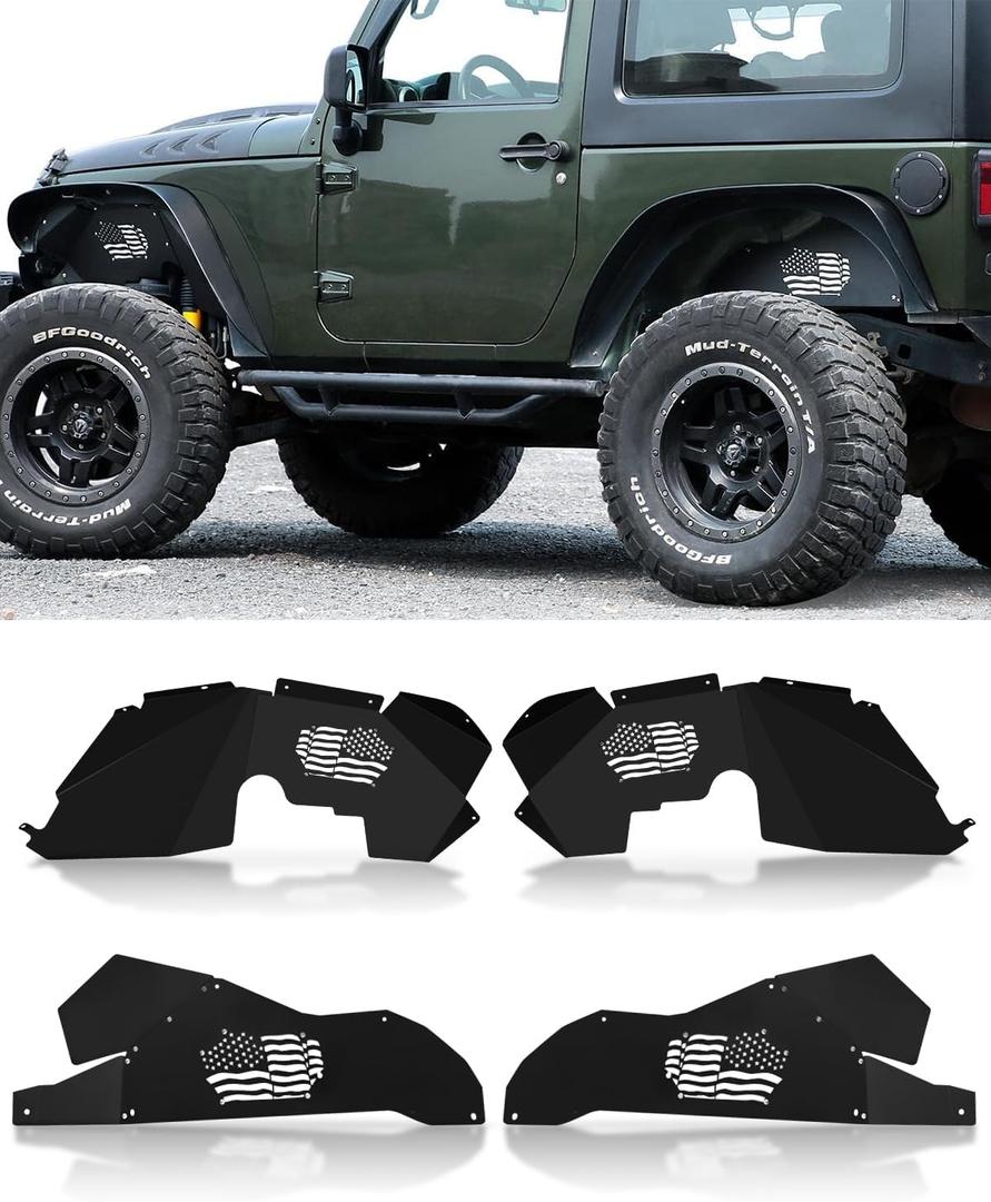 ROADER Front & Rear Inner Fender Liners US Flag Pattern Liner for 2007-2018 Jeep Wrangler JK JKU Unlimited Sport Sahara Rubicon 2/4 Doors
