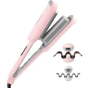 Curling Iron Hair Crimper Waver - TYMO ROVY Beach Waves Curling Wand, Ionic Deep Waver Hair Curler Tool with Ceramic 3 Barrel for Women, Dual Voltage, Anti-Scald, Easy to Use, Pink, 1.25 Inch