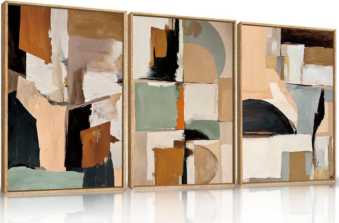 LHIUEM Large Abstract Neutral Colorful Framed Canvas Wall Art Set,Brush Stroke Pastel Wall Decor,Minimalist Shapes Textured Artwork for Living Room,Bedroom,Dining Room,Office -16"x24"x3