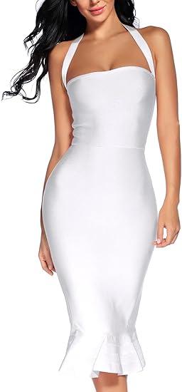 Women's Bandage Dress Sexy Halter Fishtail Bodycon Holiday Party Club Wedding Guest Dress (White, XS)