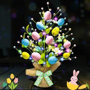 Lighted Easter Decorations 20'' Egg Tree for Tabletop Decor, Timer Egg Tree Ornaments, Easter Artificial Tree for Centerpiece Table Indoor Outdoor Spring Home Decorations