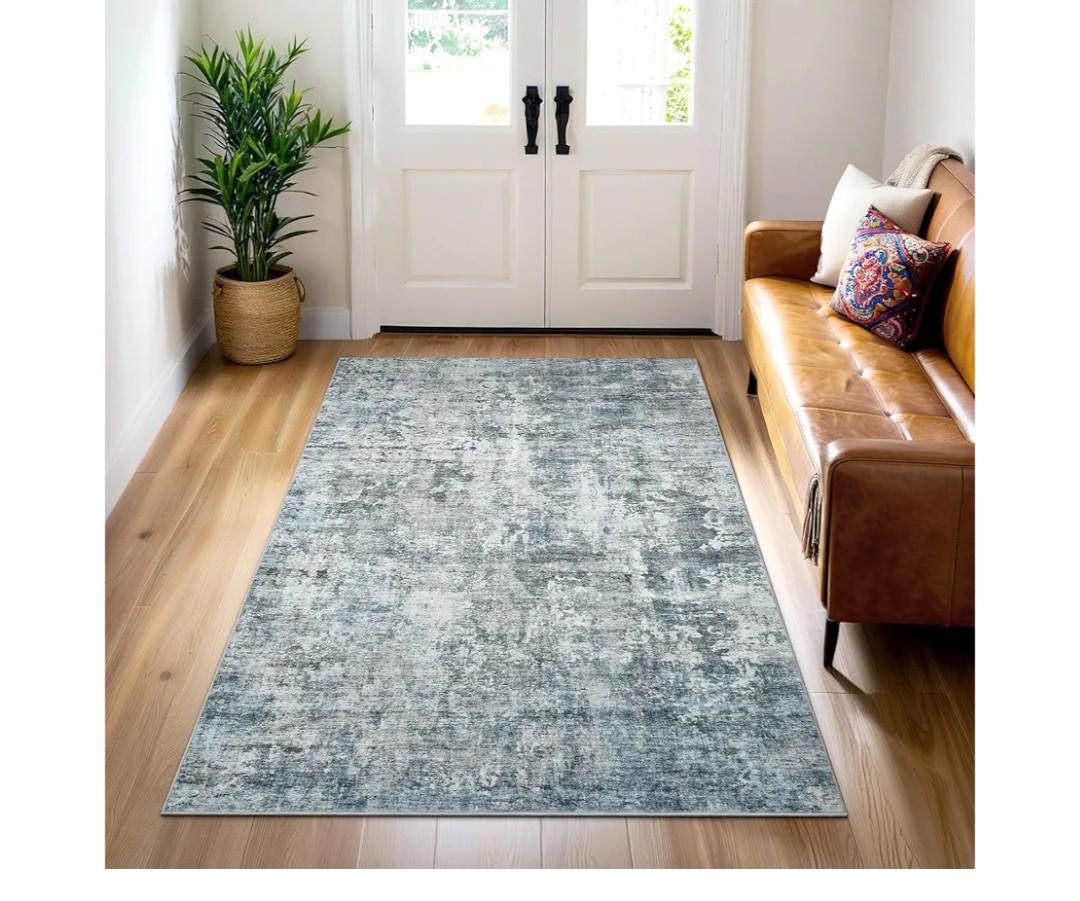 3x5 Rug, Small Area for Kitchen, Entryway, Machine Washable Non-Slip Throw Rug, Vintage Carpet for Nursery Coffee Table Blue