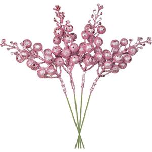DearHouse 14 Pack Christmas Glitter Berries Stems, 7.8Inch Artificial Christmas Picks for Christmas Tree Ornaments, DIY Xmas Wreath, Crafts, Holiday and Home Decor (Pink)
