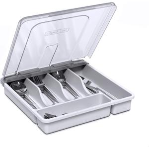 Utensil Holder for Countertop with Lid, Plastic Silverware Tray for Drawer, 5 Compartments Flatware Organizer, White