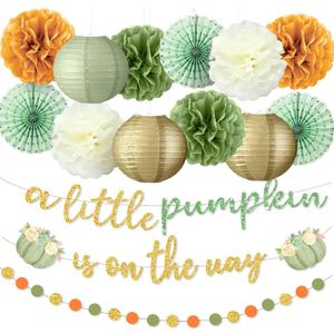 Pumpkin Fall Thanksgiving Baby Shower Decoration 15 Pcs a Little Pumpkin is on The Way Banner Tissue Pom Poms Paper Lantern Fan for Birthday Baby Shower Gender Reveal Party Decor(Green)