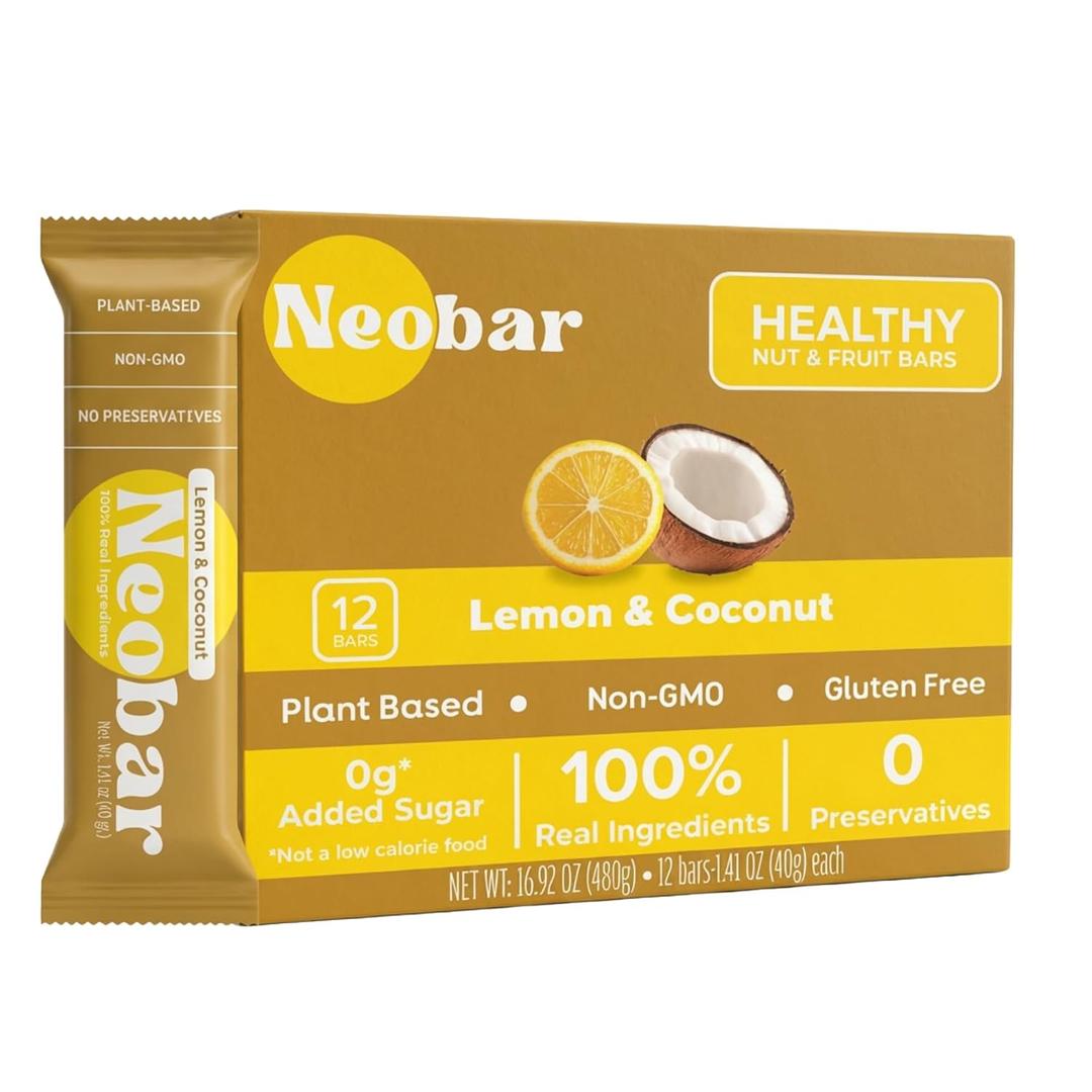 2 x NEOBAR Lemon Coconut Plant-Based Vegan Snack Bars, Gluten Free Dairy Free Snacks, No Added Sugar, No Preservatives, Non-GMO | 12 Count