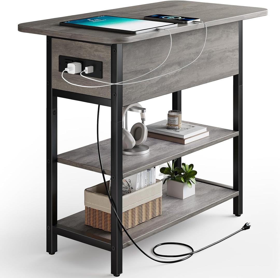 Yoobure End Table with Charging Station, Flip Top Side Table with USB Ports and Outlets, Sofa Couch Table Bedside Table for Living Room Bedroom, Narrow Nightstand with Shelves for Small Space Gray