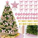 Cinrobiye Christmas Tree Decoration Set Including 48 Christmas Ornaments Balls,12 Bows,Tree Topper,Tree Skirt,Mesh Ribbon for Xmas Trees Holiday Party Garland Indoor DIY (Pink&Gold)
