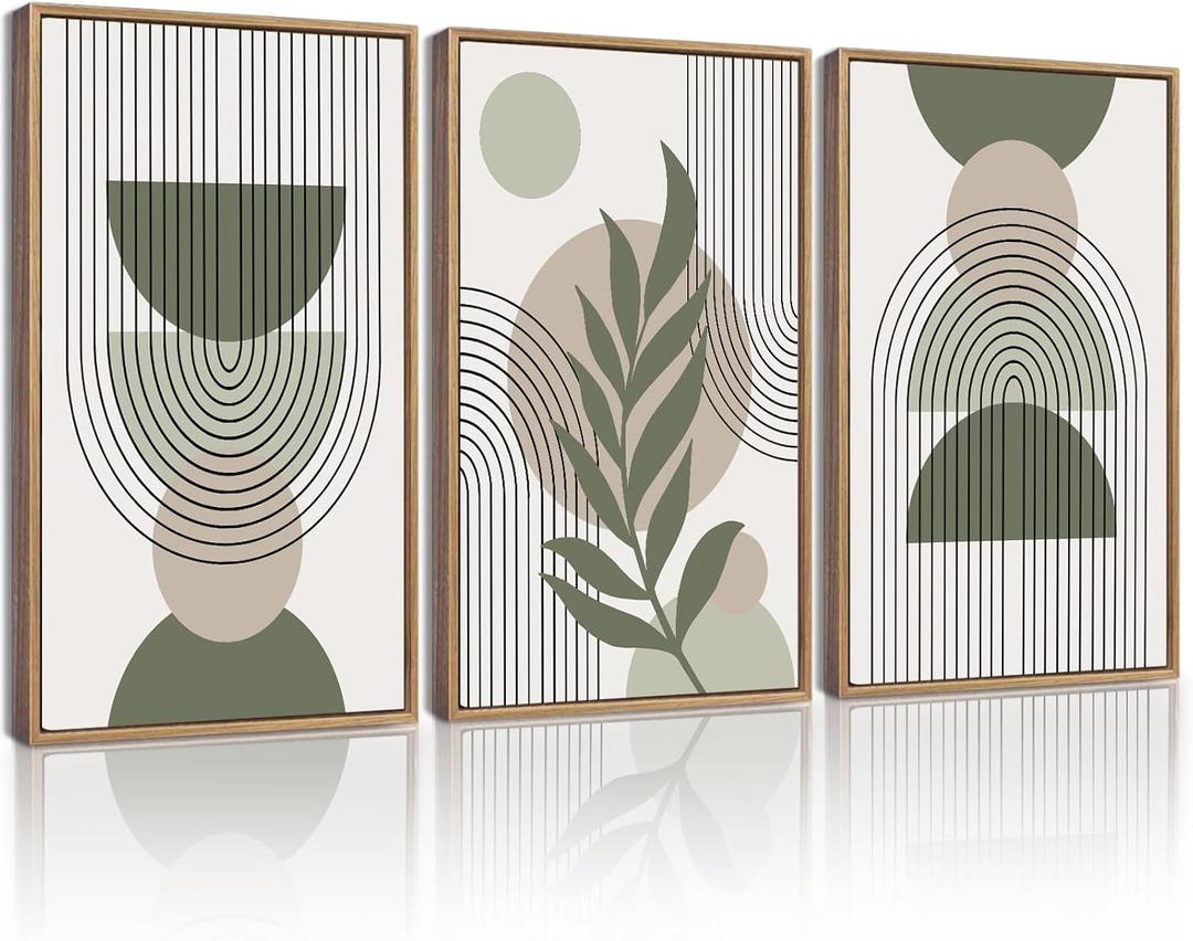 Drsoum 16x24in Large Boho Wall Art Green Sage Decor Framed Wood Modern Bohemian Abstract Geometry Canvas Prints Ready to Hang for Bedroom