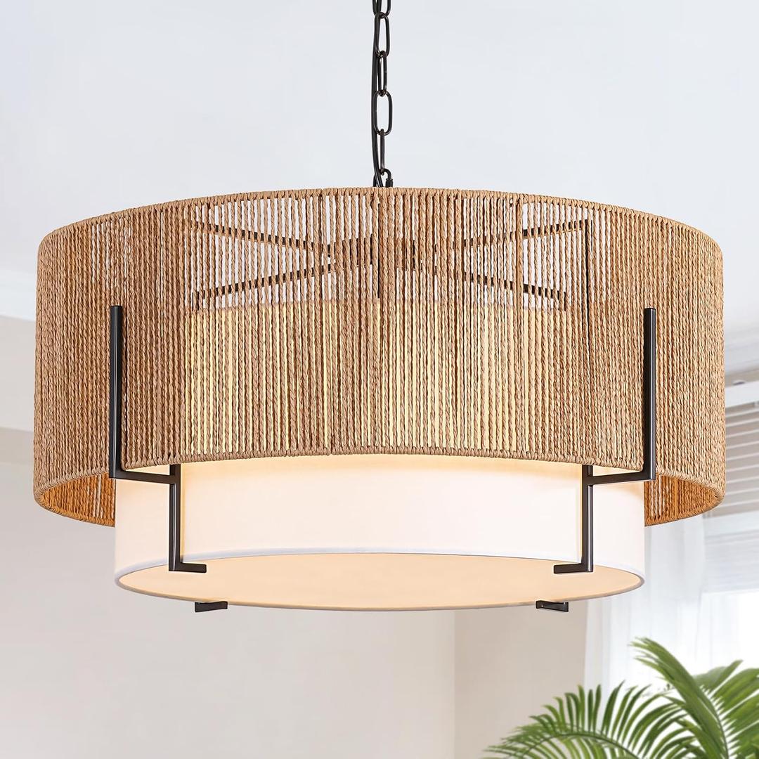 25.6" Large Rattan Chandelier, 6-Light Boho Pendant Light with Fabric Shade, Farmhouse Rattan Hanging Ceiling Light Fixture for Dining Room, Living Room, Kitchen Island, Bedroom, Hallway, Foyer