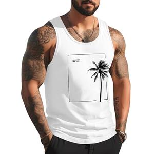 Tank Tops Men Sleeveless Shirts for Men Tank Tops for Men Summer Beach Muscle Plam Tree Men Tank Top Workout Casual White Graphic Vacation Mens Sleeveless Tee Shirts, Size Medium