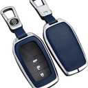 RYE Key Fob Cover for Toyota, Leather+Zinc Alloy Key Fob Case for 2025 Camry, 2021-2025 Venza, Grand Highlander Hilux, Fortuner, 2022-2025 Tundra Tacoma Remote Key (Silver&Blue, Come with Key Hook)
