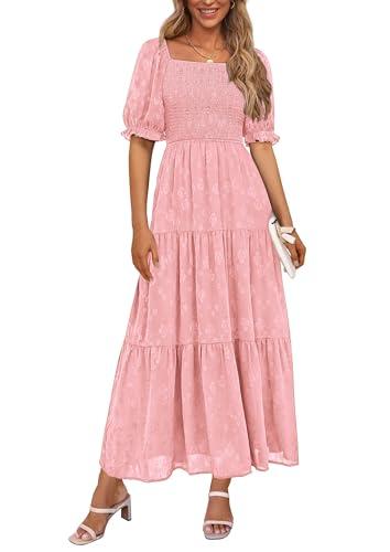 PRETTYGARDEN Women's 2026 Summer Casual Midi Dresses Square Neck Short Sleeve Smocked A Line Floral Flowy Elegant Boho Dress (Pink,Medium)
