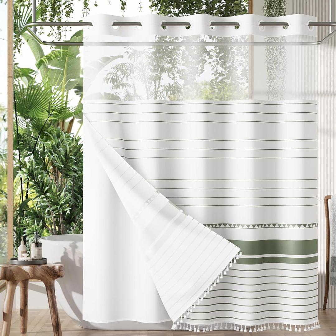 Bath Boho Sage Green Shower Curtains for Bathroom, Heavy No Hook Shower Curtain and Liner Set, Striped Fabric Shower Curtain Farmhouse with Tassels, Washable & Waterproof, 74"x72"