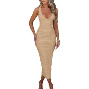 BEAGIMEG Women's Sexy Ruched Sleeveless Deep V Elegant Cocktail Evening Party Maxi Dress (Medium, Khaki)