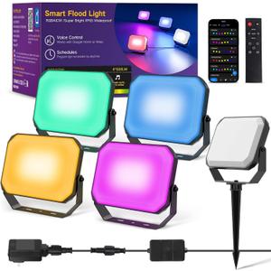 OUTON LED Flood Light Outdoor, 24W Smart RGBAICW Landscape Lighting with APP, Remote & Voice Control, 16 Million Colors, 2700K-6500K, IP65 Waterproof Uplights for Garden Party Stage, 4 Pack