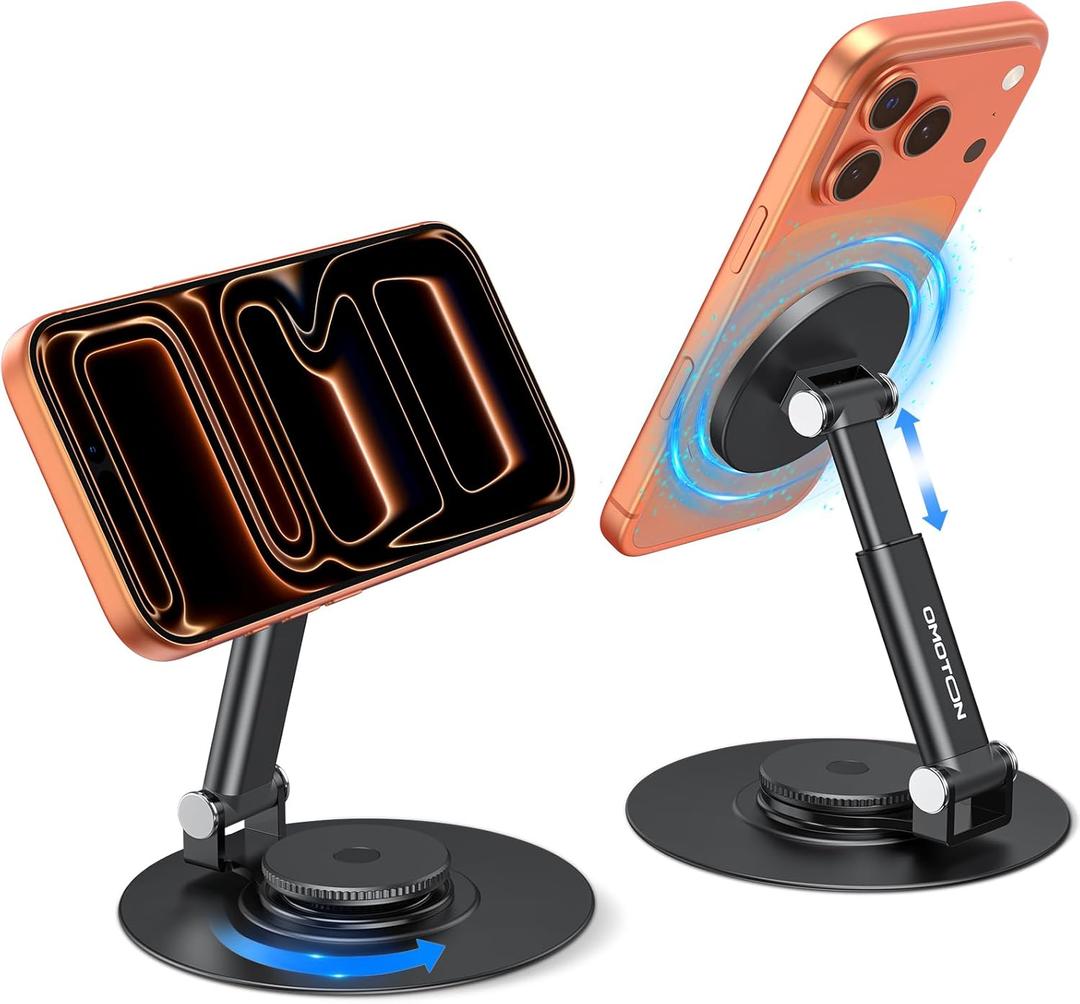OMOTON 360 Rotating MS05 Magnetic Phone Stand for MagSafe, [Height Adjustable] Cell Phone Stand for Desk with Non-Slip Base, Office Desk Accessories for iPhone 17/16/15/14 Pro Max Air, Black