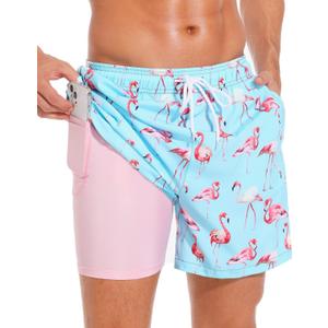 SILKWORLD Mens Swim Trunks with Compression Liner and Zipper Pockets | 2 in 1 quick dry bathing suit, beach shorts, 6 inch, liner pockets, breathable, adjustable waist, swimming,water sports (Blue, XXL)