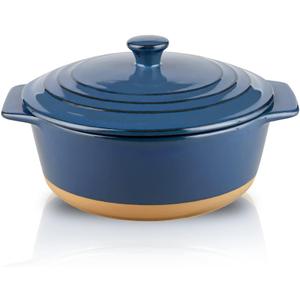 HVH Ceramic Casserole Dish with Lid Oven Safe, 2 Quart Round Casserole Dish Set, 9 Inches Round Baking Dish with Lid Oven Safe, Deep Baking Dishes for Oven with Lids for Party, Farmhouse Style (Blue)