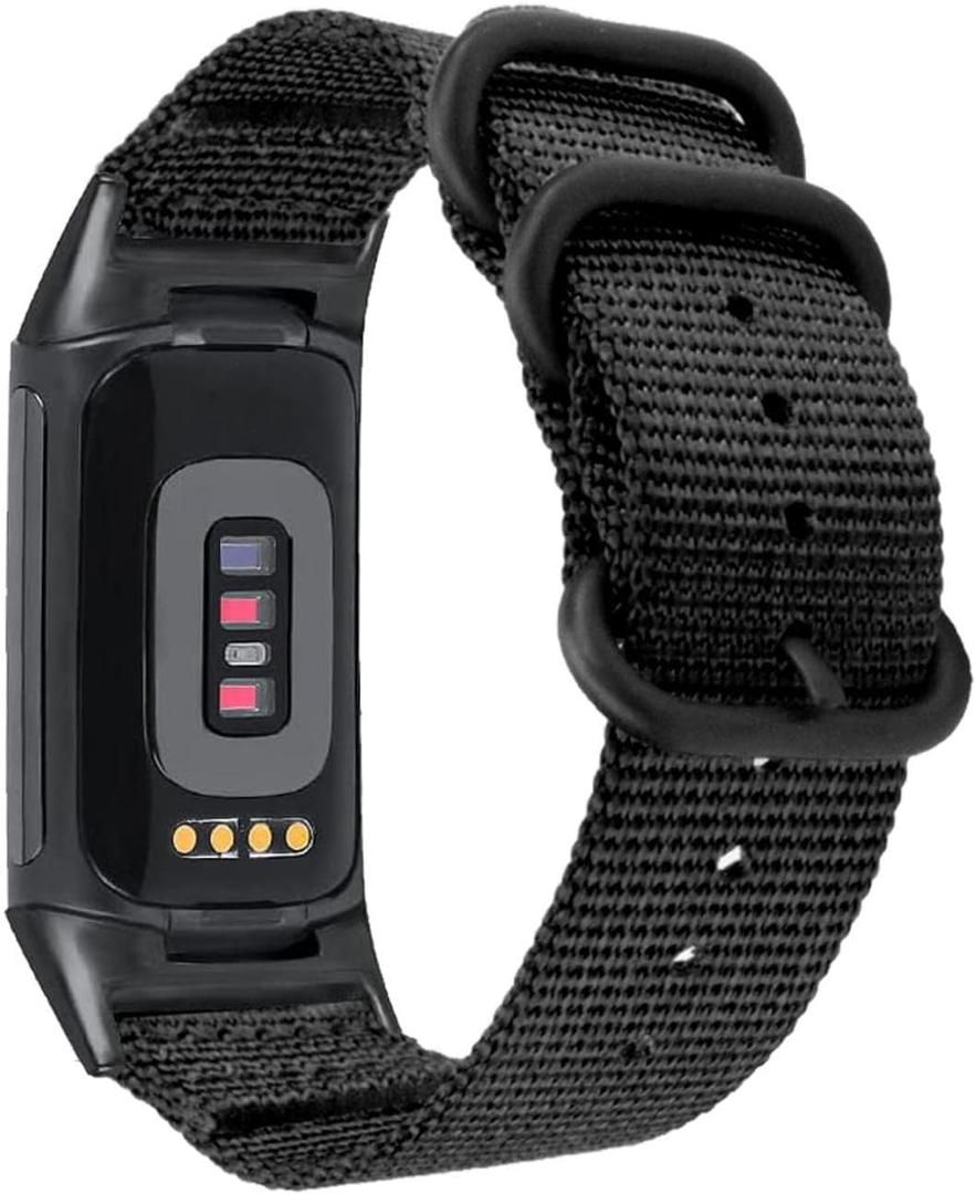 Abanen Nylon Bands for Fitbit Charge 6 / Charge 5, Woven Nylon Quick Dry Band Wrist Strap with Stainless Steel Ring Clasp Adjustable Compatible with Fitbit Charge 5 for Men and Women (Black)