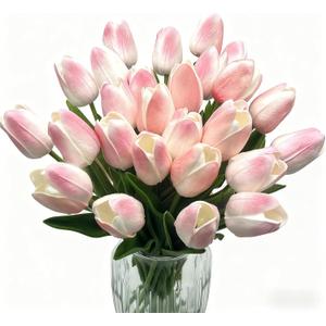 Artificial Tulips - 16 Light Pink Real Touch Flowers for Home Wedding Mothers Day Easter Valentine's Day Decoration